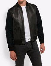 Load image into Gallery viewer, Navy Blue Leather Panel Bomber Jacket