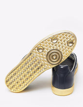 Load image into Gallery viewer, 'Replica' Blue & Gold Leather Trainers