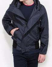 Load image into Gallery viewer, Navy Blue Raw Edge Viscose Hooded Blouson Jacket