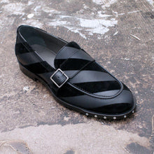 Load image into Gallery viewer, Black Velvet Strap Buckle Leather Shoes
