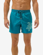 Load image into Gallery viewer, Prussian Blue Turtle Embroidery Motu Swim Shorts
