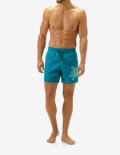 Load image into Gallery viewer, Prussian Blue Turtle Embroidery Motu Swim Shorts
